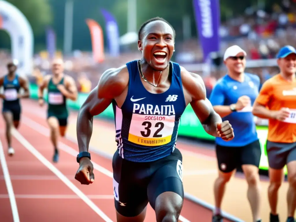 Un atleta paralímpico cruza la meta con determinación, rodeado de espectadores y compañeros atletas