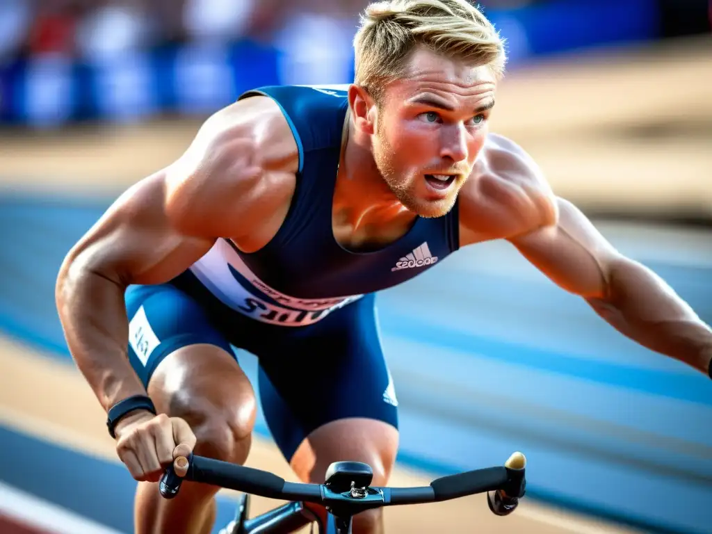 Un atleta paralímpico desafiando sus límites en un evento deportivo, con el apoyo de una multitud emocionada