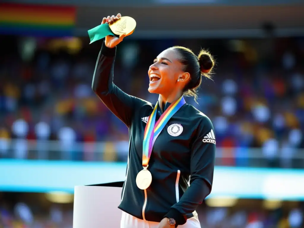 Un atleta LGBT+ celebra en el podio con una medalla de oro, representando los derechos humanos globales en el deporte