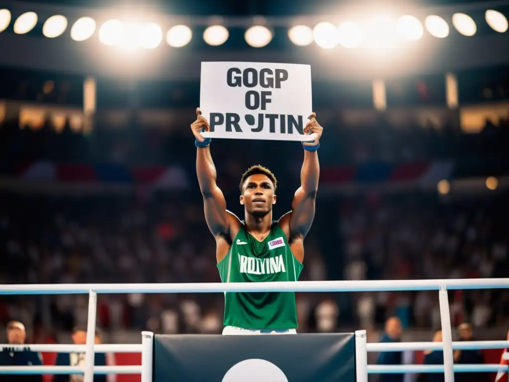 Un atleta profesional con determinación protesta rodeado de espectadores y competidores en un intenso evento deportivo