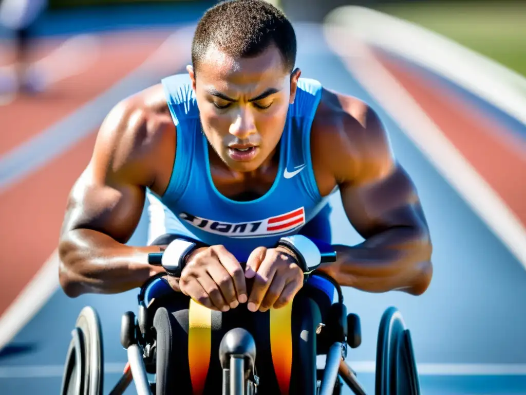 Un atleta en silla de ruedas de competición, con sudor en la frente, concentrado y determinado