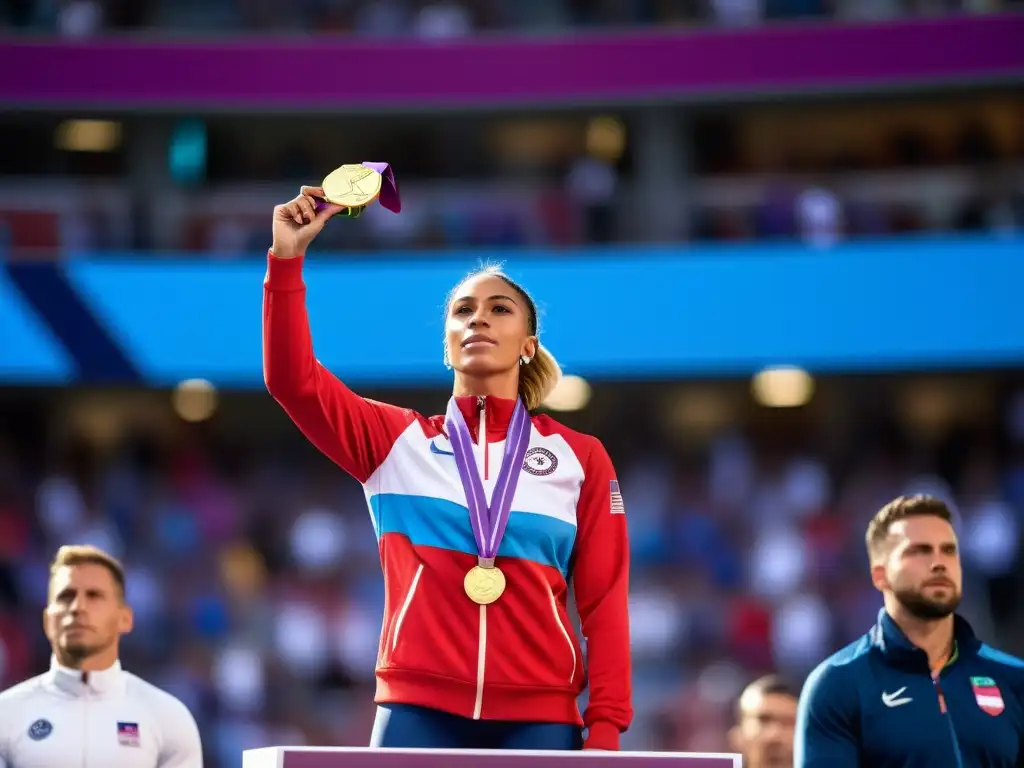 Una atleta transgénero triunfante sostiene una medalla en el podio, rodeada de una multitud diversa