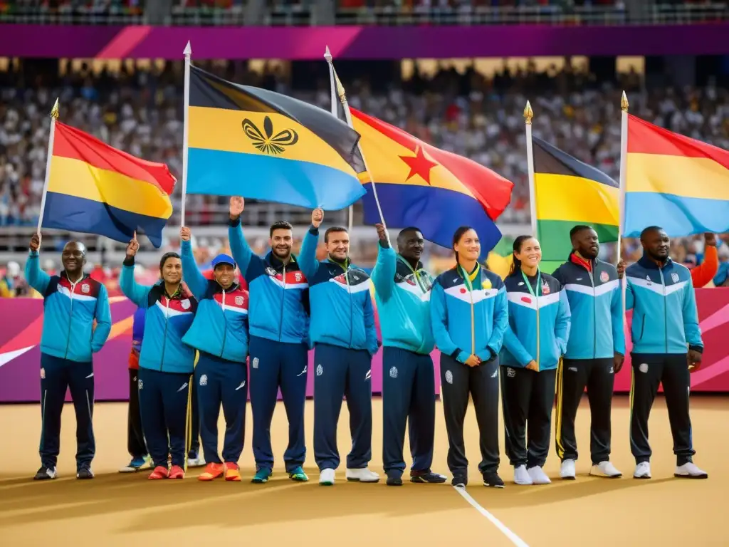 Atletas refugiados ondeando banderas nacionales con orgullo en la ceremonia de apertura de los Juegos Olímpicos, mostrando resiliencia y determinación en el escenario global