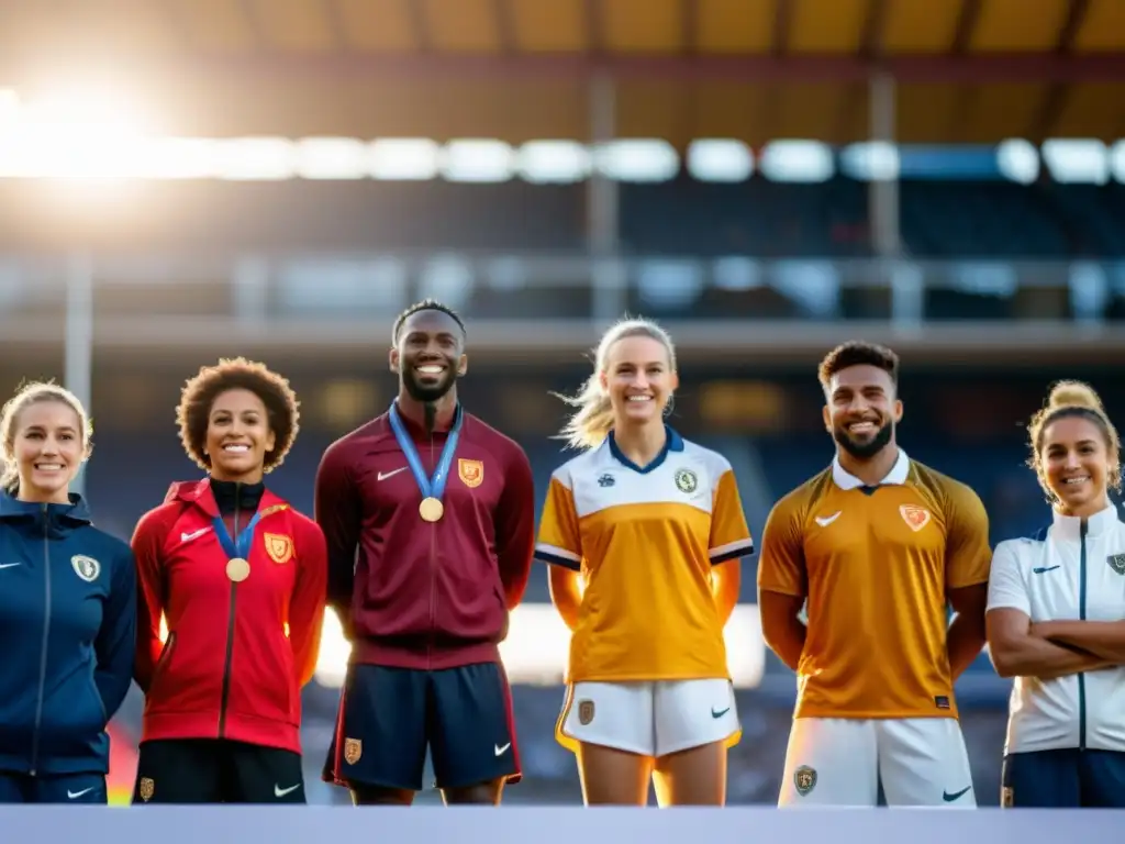 Atletas de diferentes religiones unidos en el podio, sonriendo al atardecer