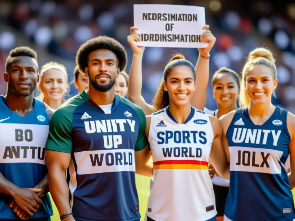 Diversos atletas unidos con camisetas y pancartas contra Discriminación Étnica, en un estadio, promoviendo el Activismo Deportivo