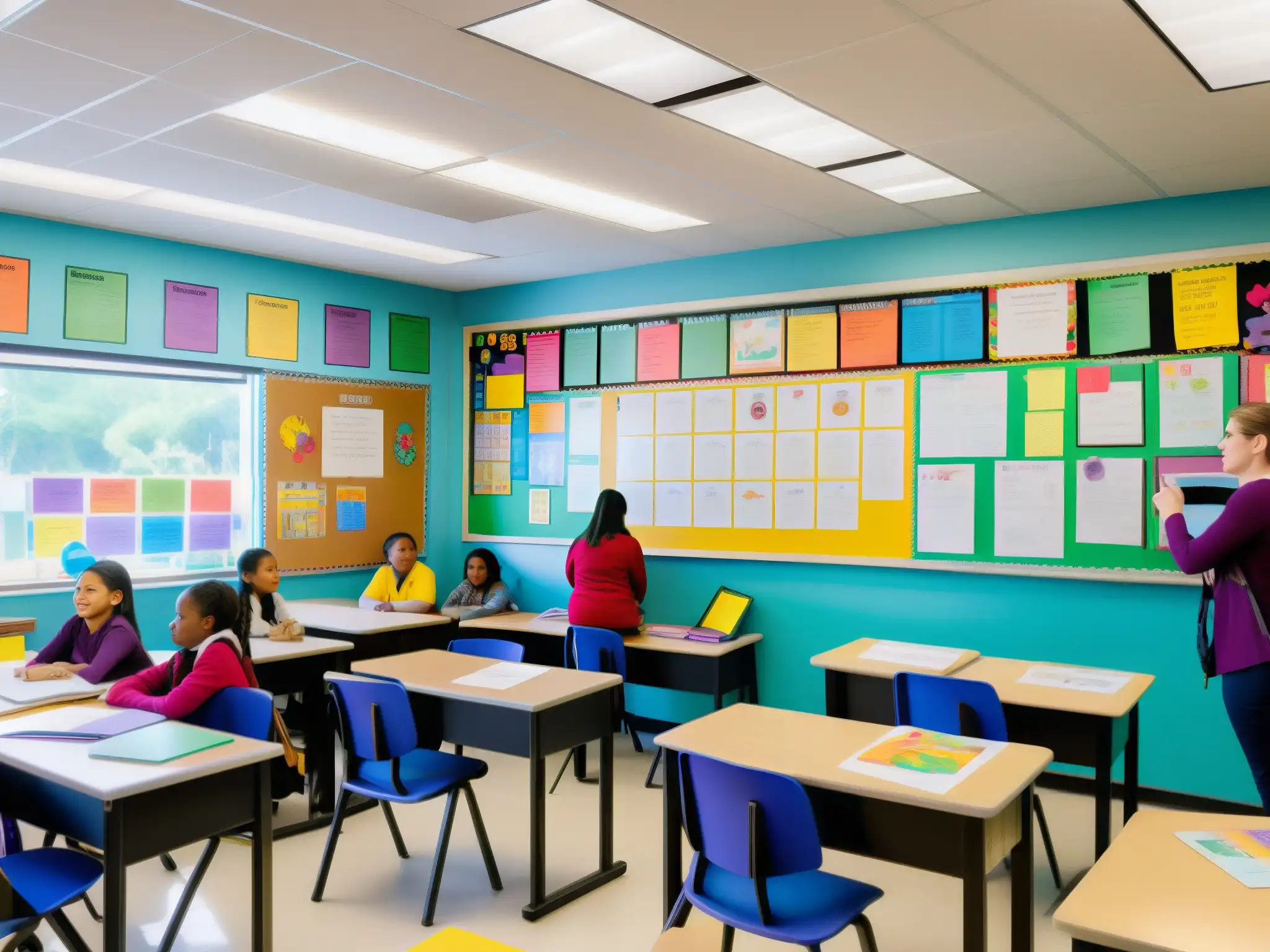 Un aula caótica llena de estudiantes realizando diversas actividades, con un ambiente vibrante y colorido