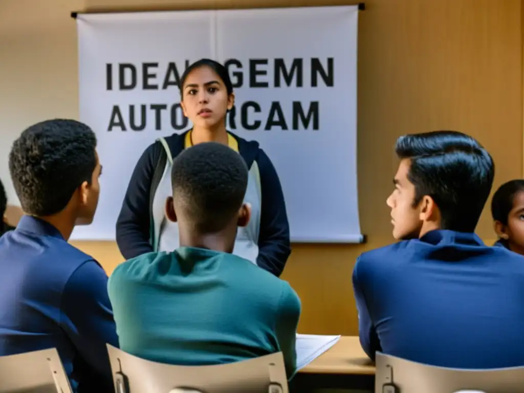 En un aula, estudiantes escuchan atentos a un profesor mientras señala un póster sobre 'Ideales del régimen autoritario'