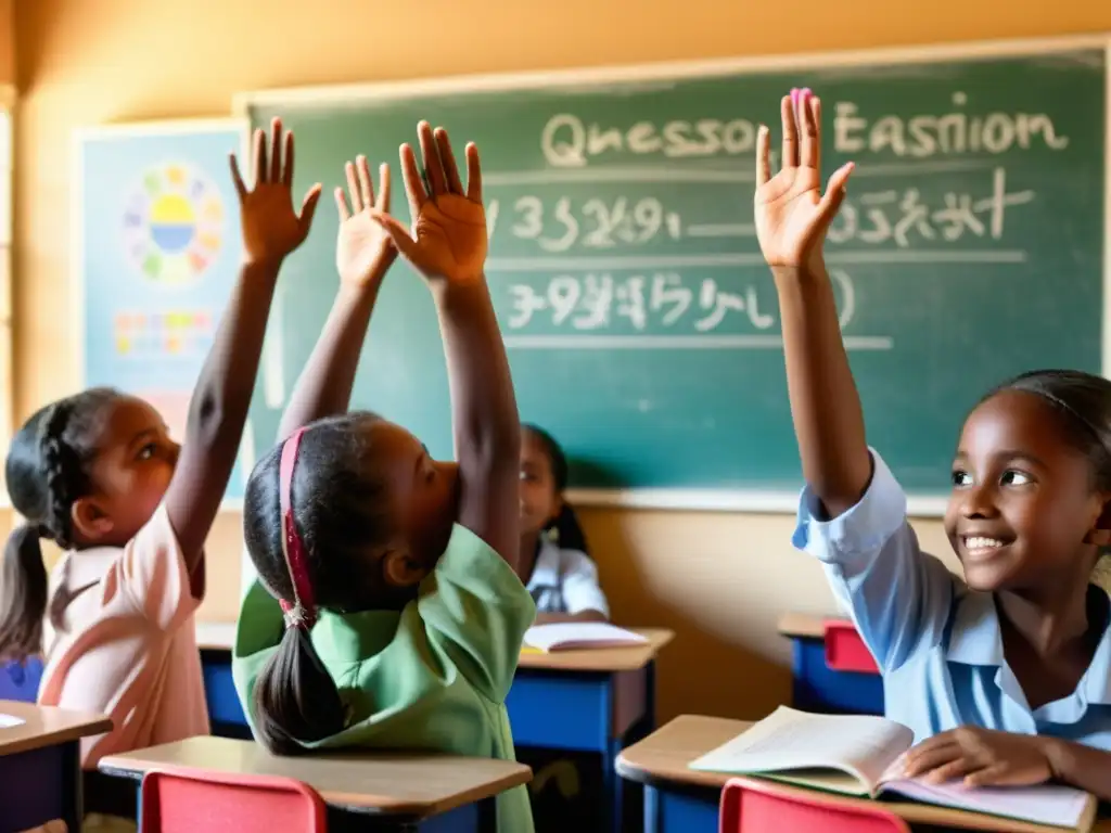 Un aula llena de chicas alzando la mano ansiosamente para participar en la clase