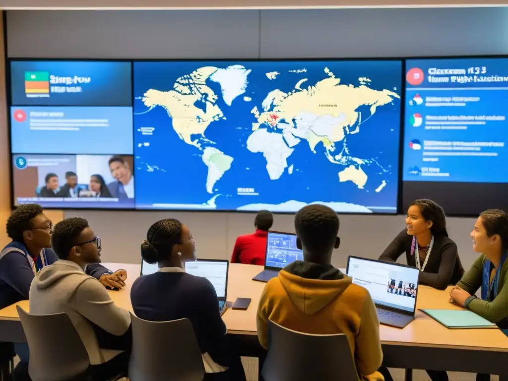 Un aula llena de diversidad, estudiantes comprometidos en discusión sobre derechos humanos, reflejando el impacto positivo de la educación global