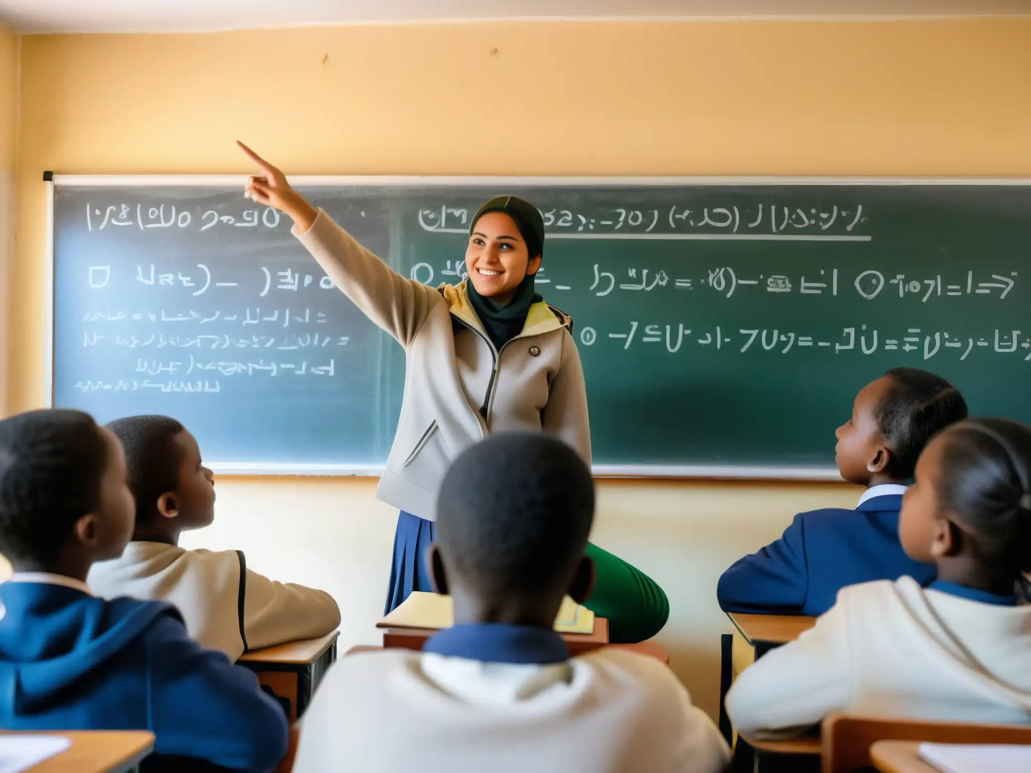 Un aula llena de estudiantes refugiados participando activamente en una lección, reflejando esperanza y determinación en sus rostros