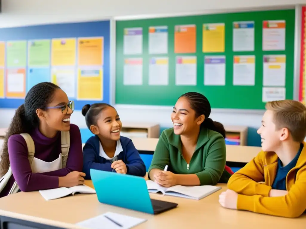 Un aula moderna y colorida con estudiantes de diversas etnias participando en una animada discusión multilingüe, reflejando la importancia de la educación multilingüe en los derechos humanos