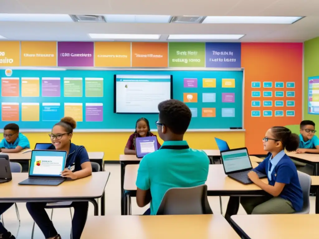 Una aula moderna llena de estudiantes diversos usando tecnología digital para aprender, abordando la brecha digital en la educación