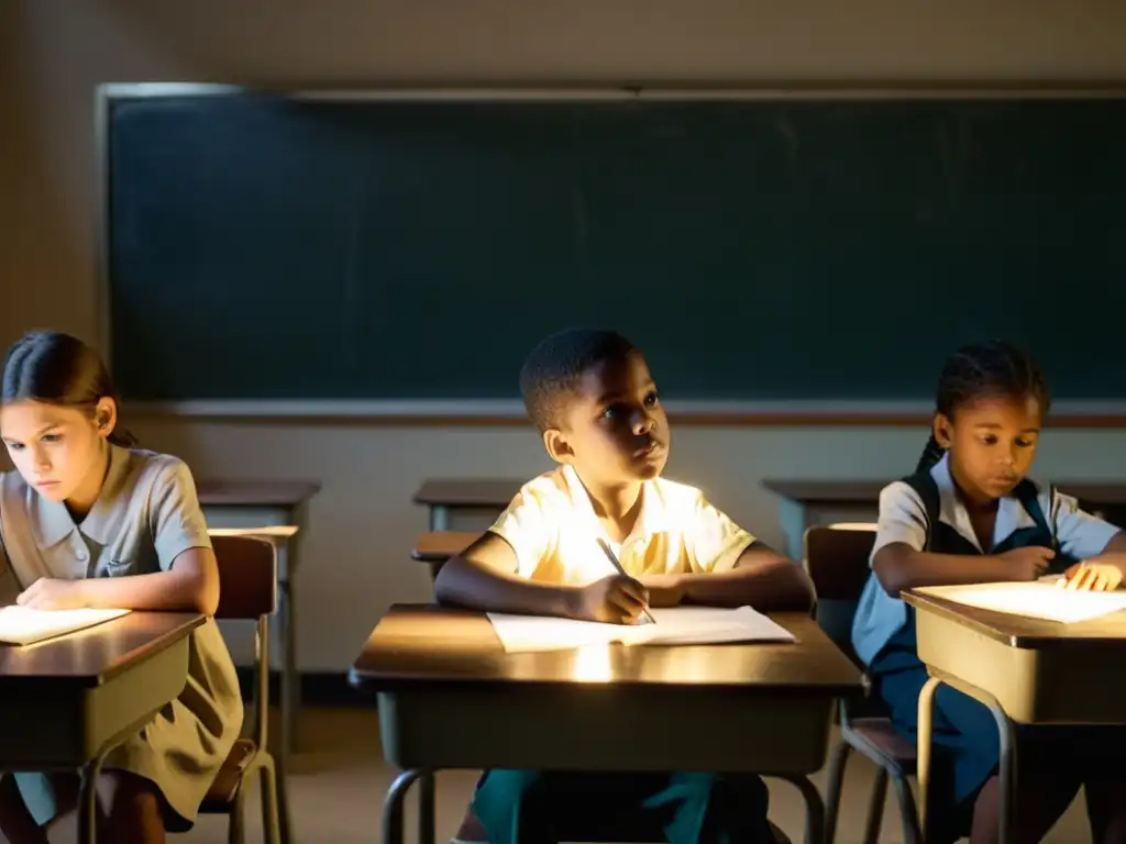 Un aula sombría con niños y una maestra autoritaria, reflejando el impacto en la educación infantil