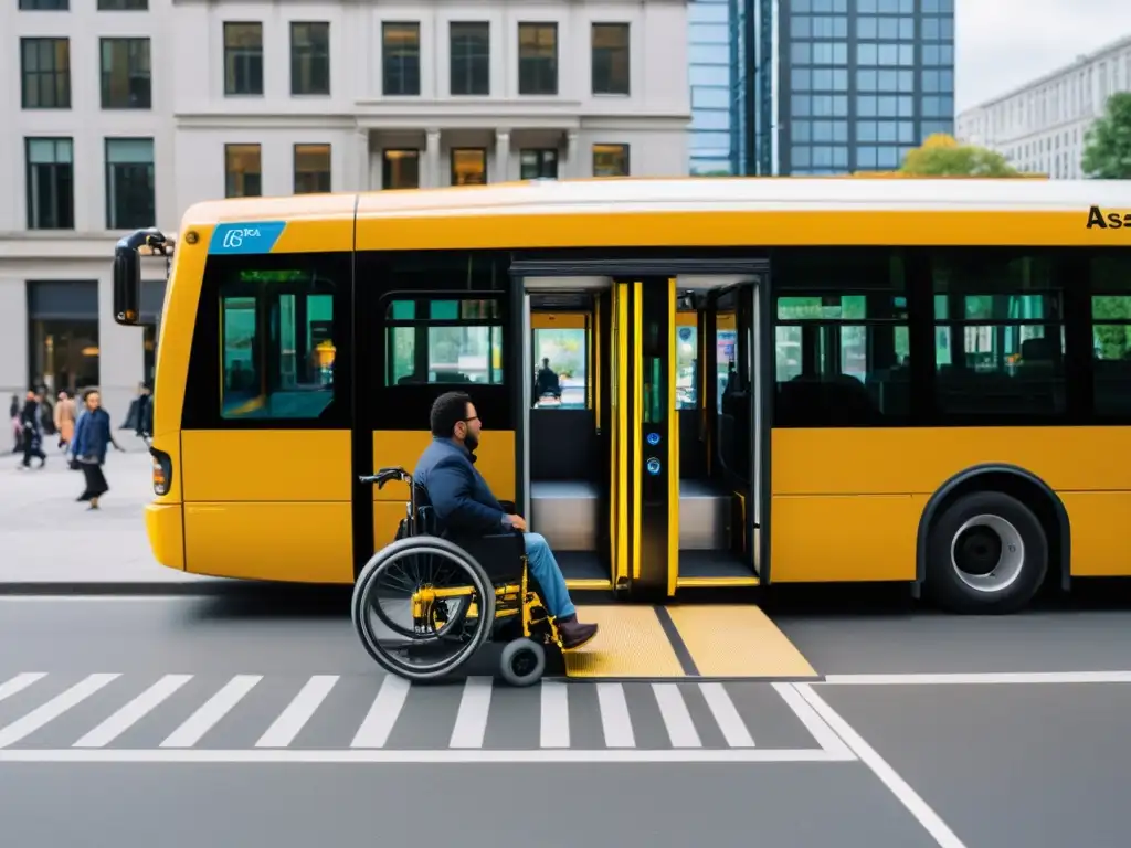 Avances en transporte accesible para discapacitados: Persona en silla de ruedas aborda autobús con rampa desplegada y ayuda del conductor