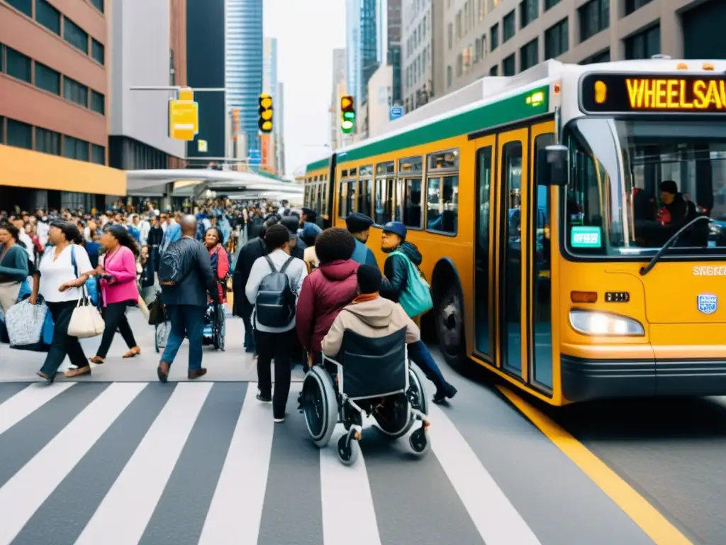 Avances en transporte accesible para discapacitados: Una bulliciosa calle de la ciudad con un vehículo de transporte público accesible para sillas de ruedas, mostrando rampas y espacios designados