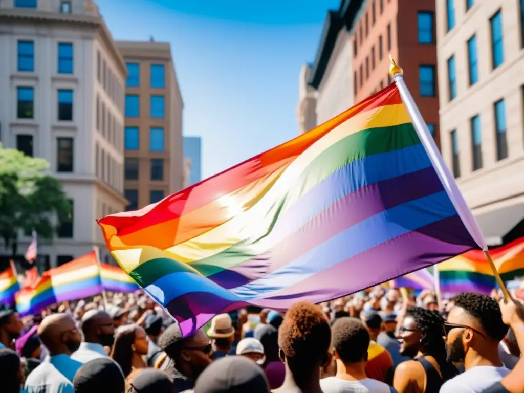 Manifestación con bandera LGBTIQ+ ondeando en alto, expresando pasión y solidaridad, en apoyo a las estadísticas crímenes odio LGBTIQ+