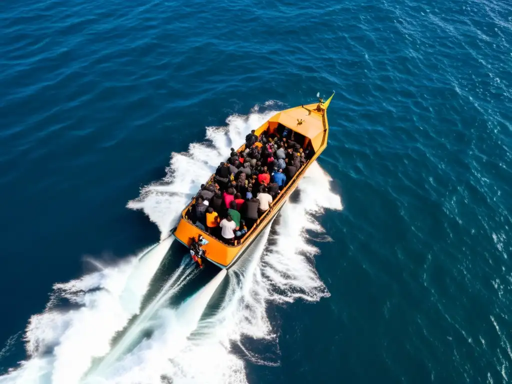 Barco abarrotado de migrantes en la travesía mediterránea, mostrando historias de desesperación y esperanza en un mar agitado