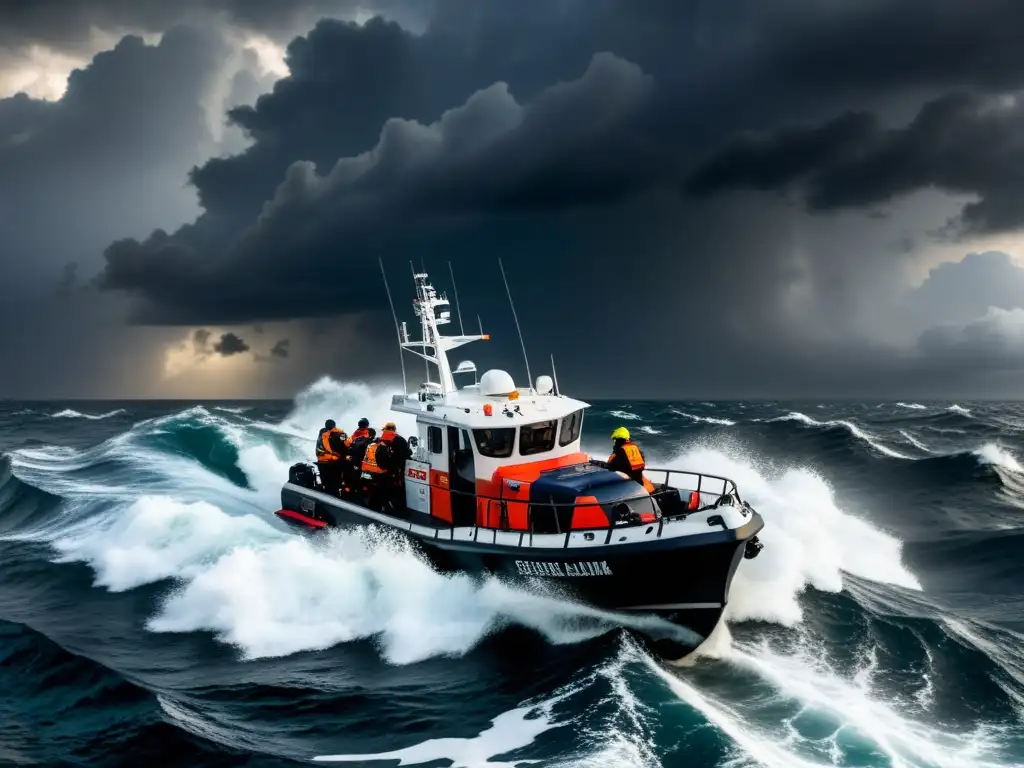 Barco de organizaciones de salvamento en el Mediterráneo enfrentando olas turbulentas bajo un cielo dramático