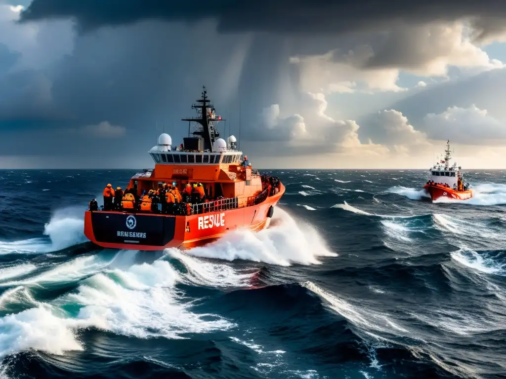 Barco de rescate en el Mediterráneo con organizaciones de salvamento en acción, salvando vidas en alta mar