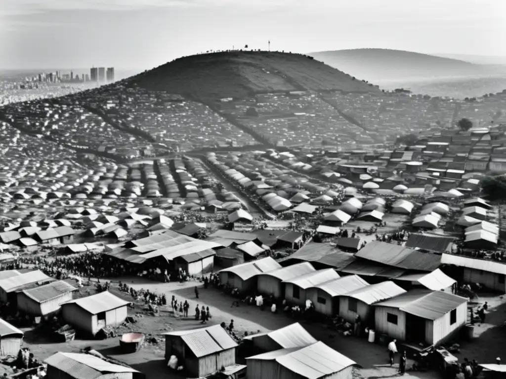 Barriada urbana empobrecida contrasta con la ciudad moderna al fondo