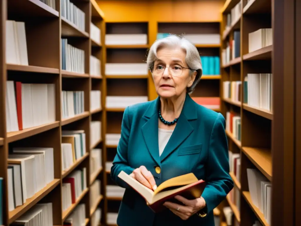 Una bibliotecaria mayor en una habitación tenue, quitando una etiqueta de un libro, revelando un título censurado