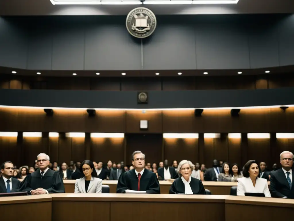 Una fotografía en blanco y negro de un abarrotado tribunal, con un juez presidiendo un juicio sobre violaciones de derechos humanos