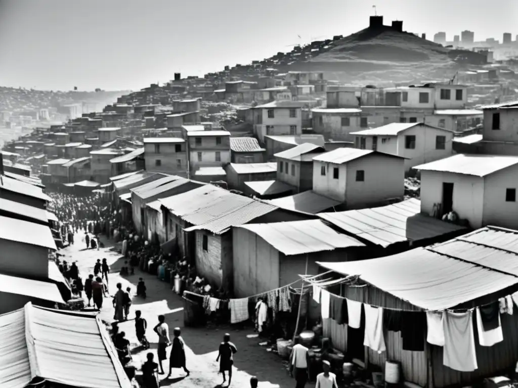 Una fotografía en blanco y negro de un atestado barrio urbano con edificios deteriorados y callejones estrechos