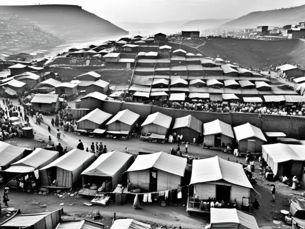 Una fotografía en blanco y negro que muestra un barrio urbano abarrotado, con albergues improvisados y condiciones de vida precarias