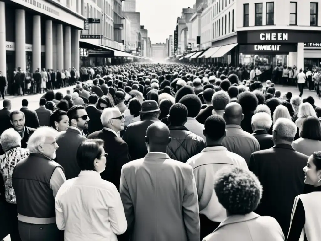 Una fotografía en blanco y negro de una bulliciosa calle de la ciudad, que muestra la diversidad y vitalidad de la vida urbana, así como la soledad y anonimato en la multitud