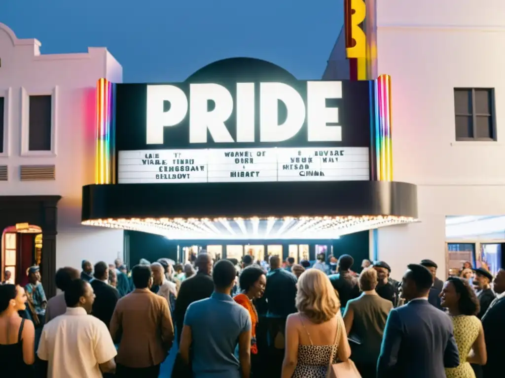Estreno de 'Pride' reúne a la comunidad LGBTIQ+ Una fotografía en blanco y negro de un cine con el título 'Pride' en la marquesina, mientras una diversa multitud espera afuera para entrar