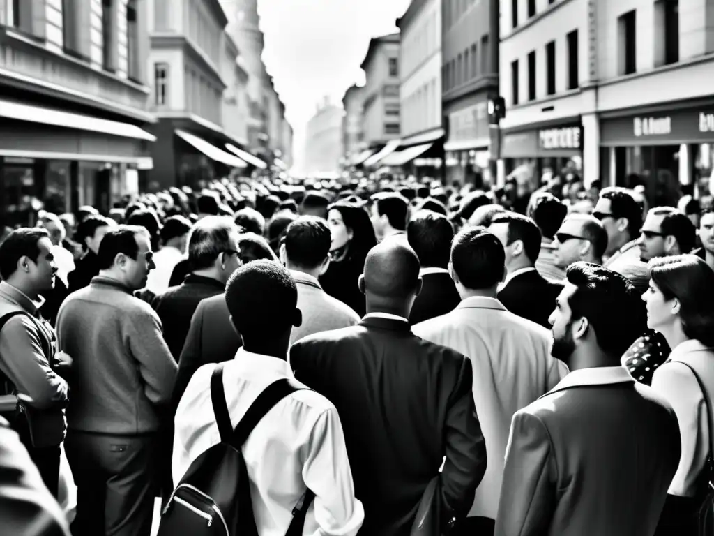 Una fotografía en blanco y negro de una concurrida calle de la ciudad