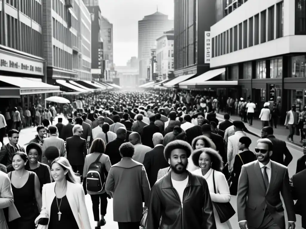 Una fotografía en blanco y negro de una concurrida calle de la ciudad, muestra diversidad étnica y actividades urbanas