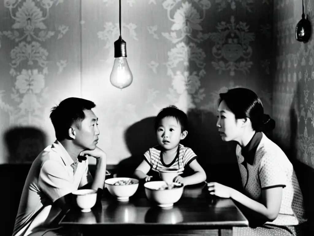 Una fotografía en blanco y negro de una familia china reunida alrededor de una mesa, discutiendo la política de un solo hijo en China