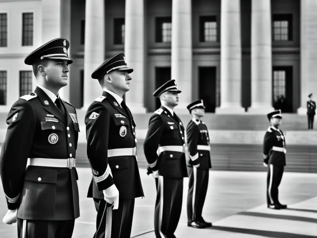 Una fotografía en blanco y negro muestra a un grupo de militares de élite en rígida formación frente a un imponente edificio gubernamental