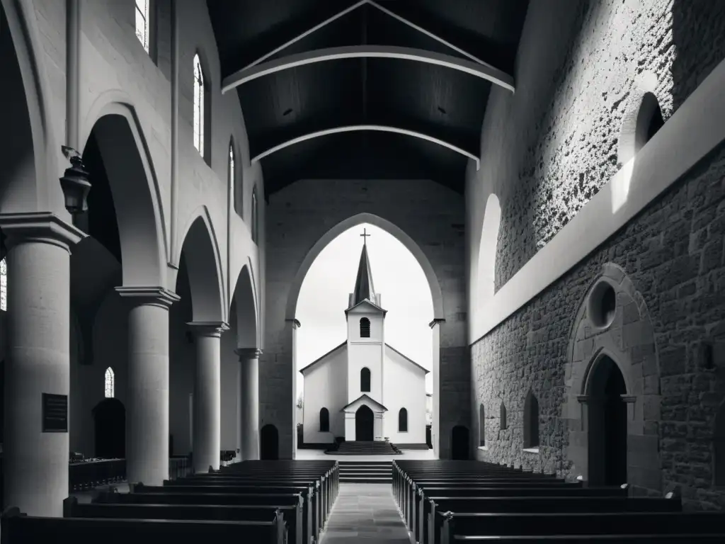 Una fotografía en blanco y negro de una iglesia con una atmósfera sombría y evocadora, que refleja la complicidad de la iglesia durante dictaduras