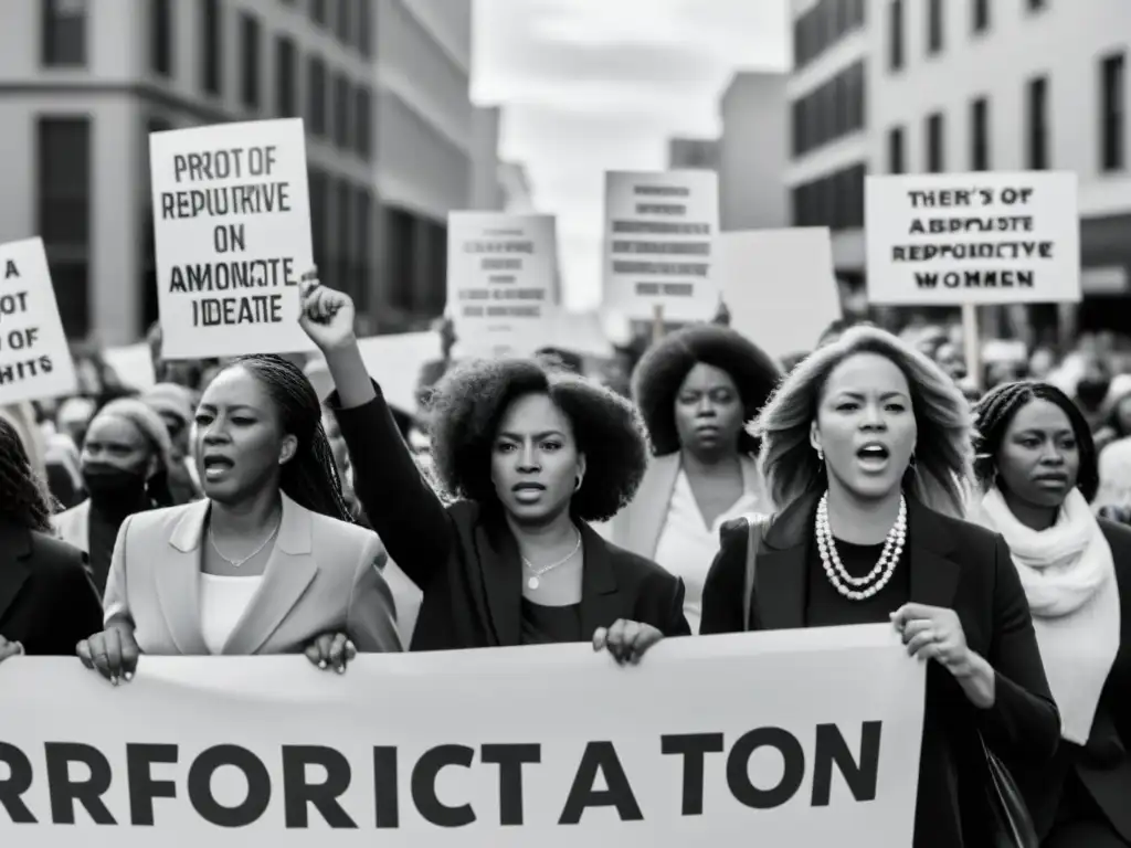 Fotografía en blanco y negro de mujeres diversas marchando por la autonomía de la mujer en el debate del aborto, expresando unidad y determinación