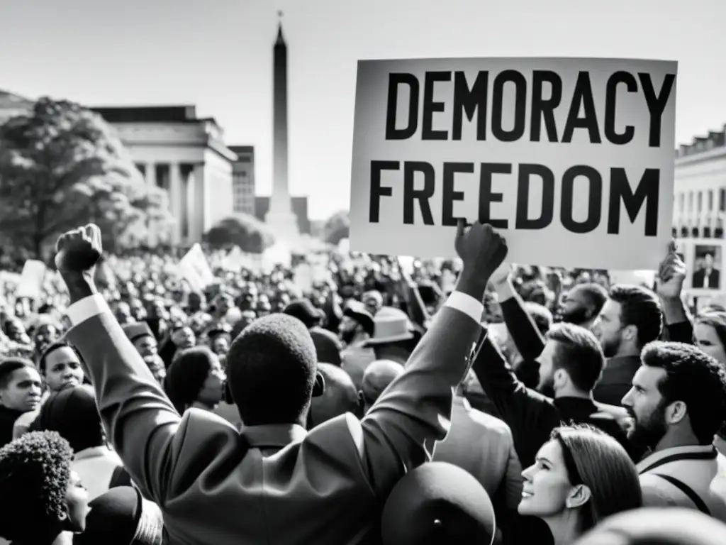 Una fotografía en blanco y negro de una multitud en una plaza pública, sosteniendo pancartas por la democracia y la libertad