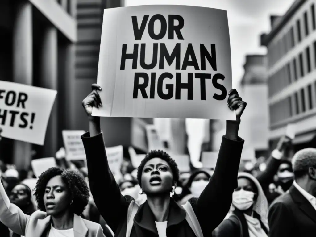 Manifestación en blanco y negro con narrativas visuales de derechos humanos