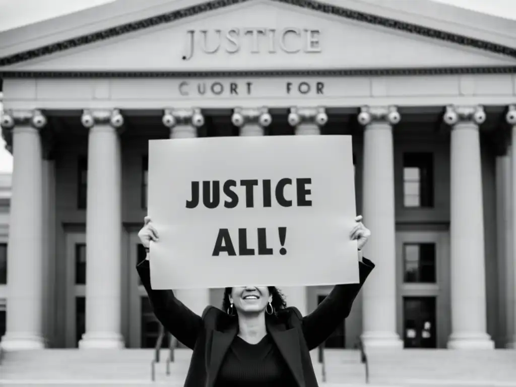 Una fotografía en blanco y negro de una persona sosteniendo un letrero con la frase 'Justicia para Todos'