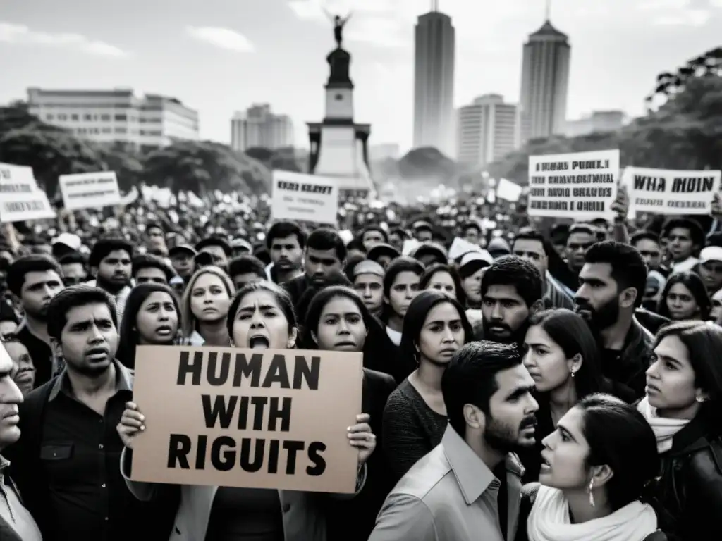 Manifestación en blanco y negro denunciando la represión en Paraguay, con personas unidas en lucha por los derechos humanos