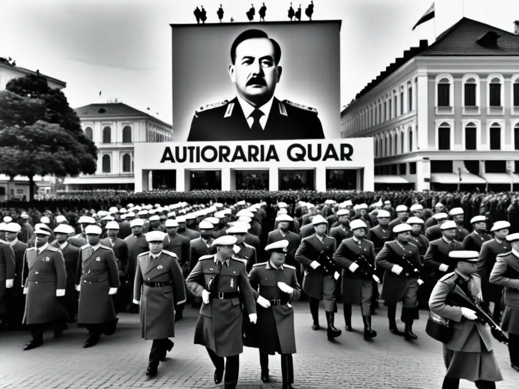 Una fotografía en blanco y negro de una plaza de la ciudad llena de gente bajo un régimen autoritario, con soldados uniformados en guardia mientras los civiles llevan a cabo sus vidas cotidianas con una sensación palpable de inquietud y tensión en el aire