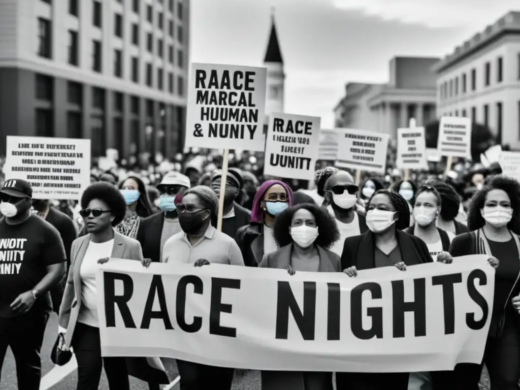 Una fotografía en blanco y negro muestra una protesta pacífica con personas diversas marchando juntas por los derechos humanos