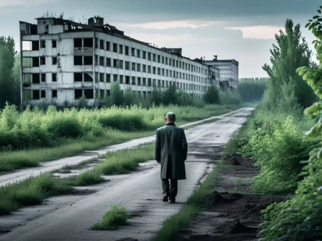 Una fotografía en blanco y negro de un pueblo abandonado cerca de la planta nuclear de Chernóbil