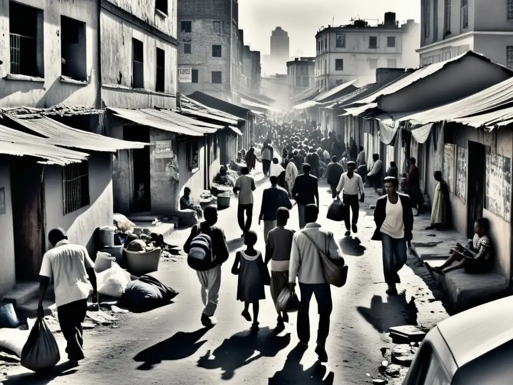 Una fotografía en blanco y negro de una zona urbana abarrotada, con edificios deteriorados y personas viviendo en la pobreza