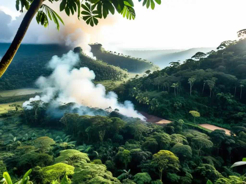 Un bosque denso y exuberante de la Amazonía peruana, con árboles imponentes y una espesa maleza