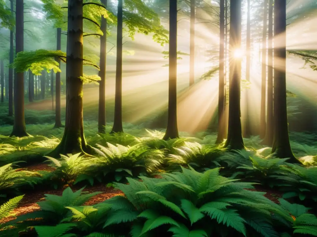 Un bosque exuberante bañado por la cálida luz dorada del atardecer