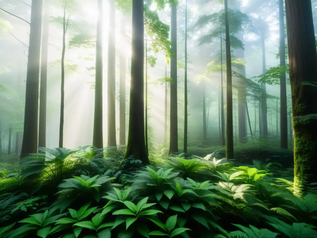 Un bosque exuberante y diverso, con luz filtrándose a través del dosel y creando patrones de luz y sombra