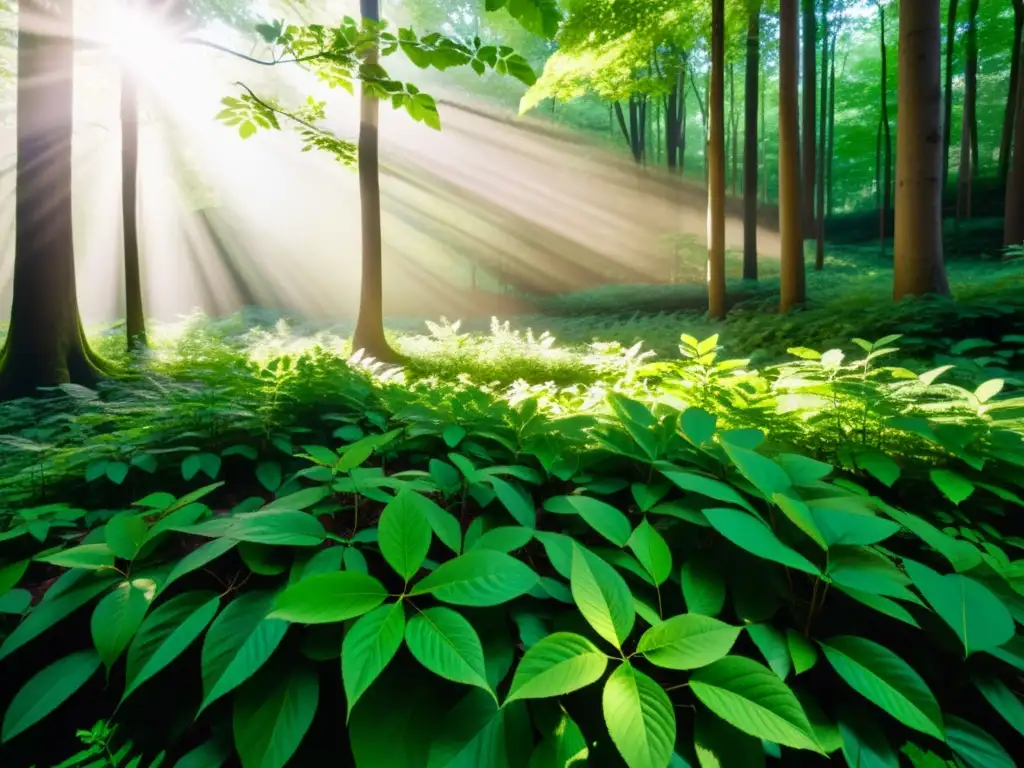 Un bosque exuberante con luz solar filtrándose entre las hojas, creando sombras en el suelo