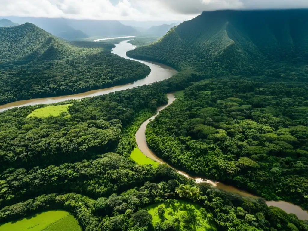 Un bosque exuberante y el río Napo serpenteando en el Parque Nacional Yasuní, donde la luz del sol ilumina la diversa flora