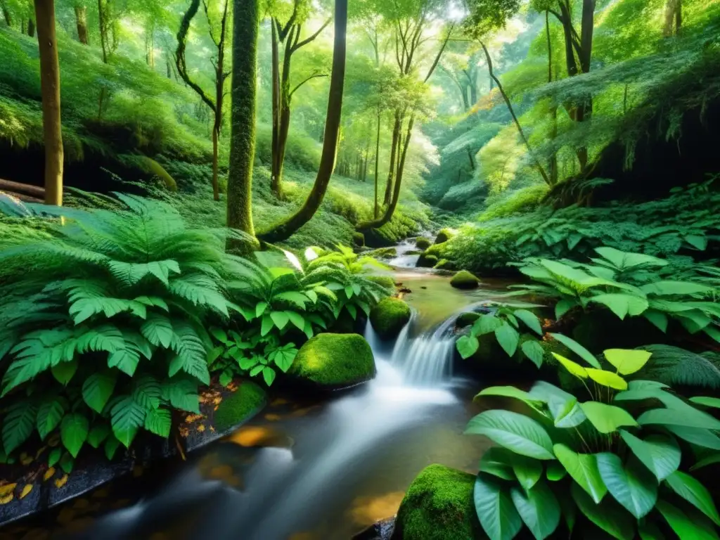 Un bosque exuberante y tranquilo, con diversa vida silvestre y un arroyo serpenteante